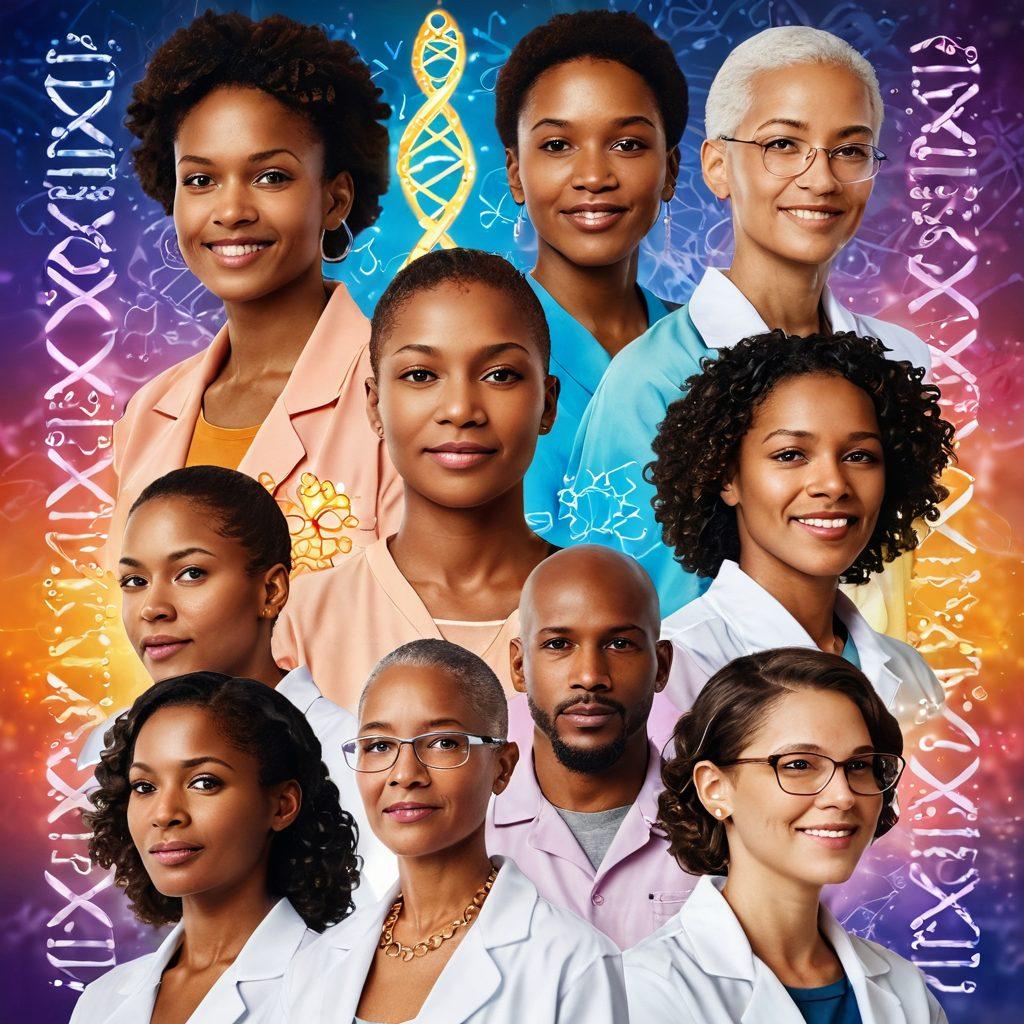 A collage of diverse cancer survivors showcasing their resilience, surrounded by glowing light symbols of hope, intertwined with elements of scientific research like lab equipment and DNA strands. The background transitions from warm, uplifting colors representing support to cooler, calm tones symbolizing research. Include text overlays of inspiring quotes about empowerment and survival. super-realistic. vibrant colors. inspirational.