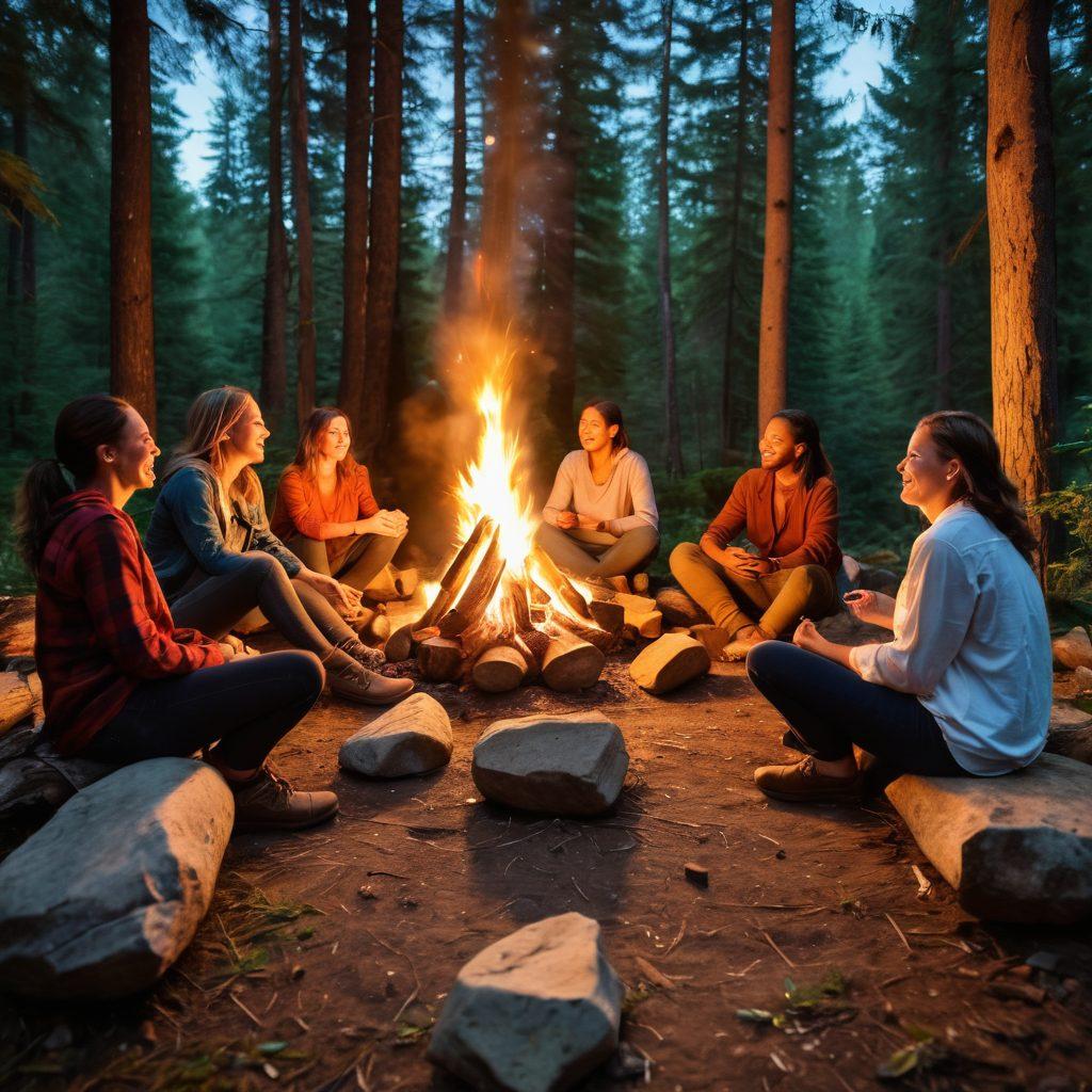 A diverse group of individuals, united in a circle, sharing stories and laughter around a campfire in a serene forest setting. The warm glow of the fire illuminates their joyful expressions, symbolizing empowerment and community. Lush greenery and a starry sky in the background highlight a sense of peace and healing. Include elements of holistic care like natural remedies and meditation symbols subtly integrated into the foreground. vibrant colors. super-realistic.