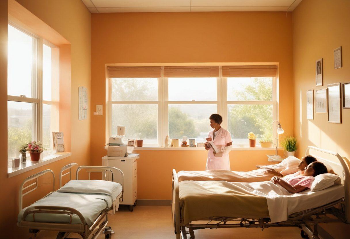 A serene hospital room with a comforting nurse attending to a cancer patient, surrounded by supportive family members. Soft sunlight filters through a window, illuminating medical pamphlets on the table that outline essential support strategies for oncology patients. The atmosphere conveys compassion and hope, with warm colors and gentle expressions. Include elements like a water pitcher and encouraging notes on the wall. super-realistic. warm colors. soft focus.